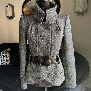 Fitted Zara Jacket with belt. Size Small. Tweed grey, black white.